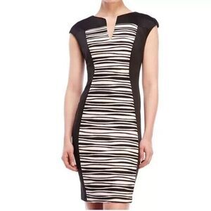 Covington‎ Size 10 Black Cream Striped Slimming Midi Sheath Dress
